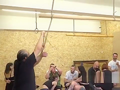 Gagged busty slave fucked in public indoor