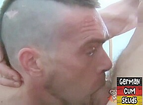 German gay in leather pants assfisted in BJ n fisting 3some