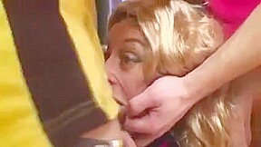 Hairy blonde wig Lady Sucks On Two Dicks And Gets Double