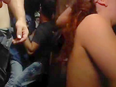 Hairy pussy slut flogged and fucked in public
