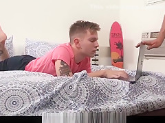 Horny stepdad interrupts boys homework to bang his hole