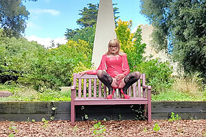 Hot Tranny In Pvc Wanking On Park Bench