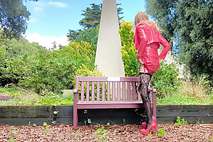 Hot Tranny In Pvc Wanking On Park Bench