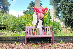 Hot Tranny In Pvc Wanking On Park Bench