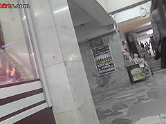 Hot upskirt porn with girl with auburn hair in public