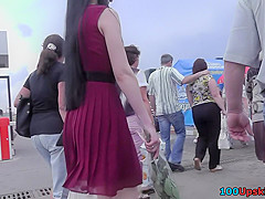 Hot upskirt porn with sexy brunette in a public place