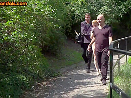 Humiliated bondage MILF exposed and facialized in public