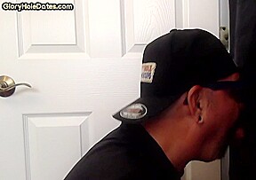 Inked arm gloryhole DILF sucks BFs hard cock at home