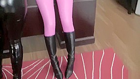 Johannie in pink latex catsuit tied and microfoam wrapped