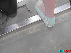 Lady with skinny ass wears a g-string in upskirt video