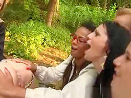 Lez Group Pissing Outside With Dildo Play
