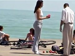 Long haired cutie with big candid ass spied on the beach 01zr