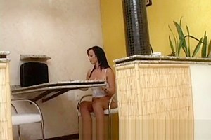 Longhaired brunette beauty eats chaps ass