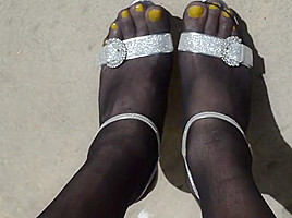 More Outdoor in Black Pantyhose and High Heels