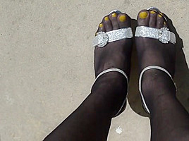 More Outdoor in Black Pantyhose and High Heels
