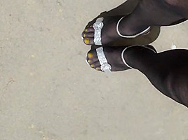 More Outdoor in Black Pantyhose and High Heels