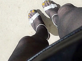 More Outdoor in Black Pantyhose and High Heels