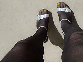 More Outdoor in Black Pantyhose and High Heels
