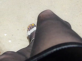 More Outdoor in Black Pantyhose and High Heels
