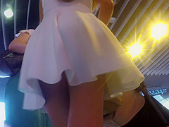 NIce Step mom in blue skater dress upskirt 