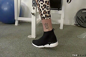 Nadia Love - Busty Sportive Tgirl Exercising On Trainers Cock