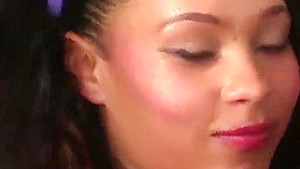 Nasty beauty gets cumshot on her face eating all the juice