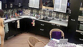 Naughty curvy teen walks around cooking