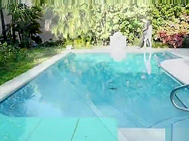 Pale skin american babe fucks her little body by the pool