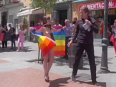 Parisian brunette slave anal fucked in public