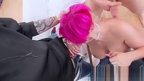 Pink haired MILF devouring many dicks during blowbang