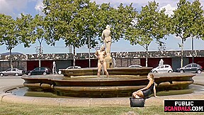 Public deepthroating BDSM slut sucks 2 cocks outdoor