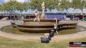 Public deepthroating BDSM slut sucks 2 cocks outdoor