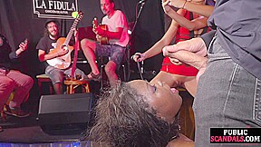 Public throating Ebony sub mouth jizzed in front of