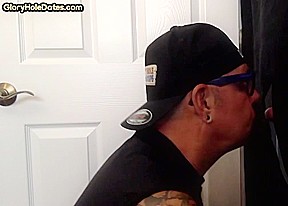 Real gloryhole moustache DILF sucks cock in private home BJ
