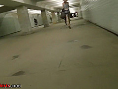Redhead skank in mini denim skirt in upskirt video