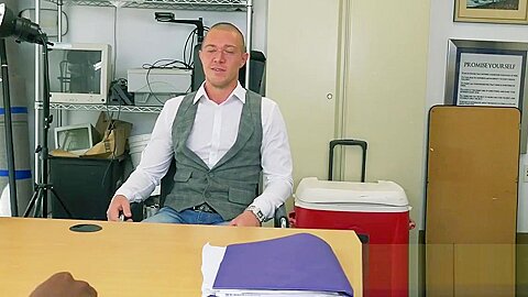 Russian guy gags on directors massive black cock at his office