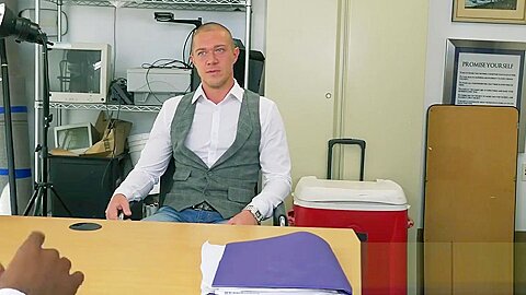 Russian guy gags on directors massive black cock at his office