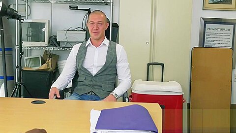 Russian guy gags on directors massive black cock at his office