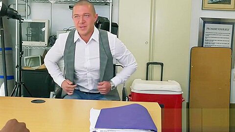 Russian guy gags on directors massive black cock at his office
