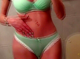Selfie of green panties and a huge cock