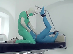 Sexy Girl Full Encased In Blue Latex Catsuit + Condom Mask And Hard Fucked