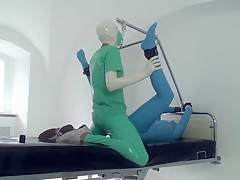 Sexy Girl Full Encased In Blue Latex Catsuit + Condom Mask And Hard Fucked