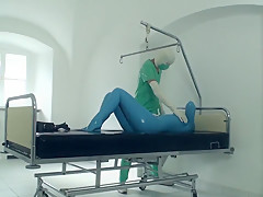 Sexy Girl Full Encased In Blue Latex Catsuit + Condom Mask And Hard Fucked