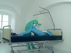 Sexy Girl Full Encased In Blue Latex Catsuit + Condom Mask And Hard Fucked
