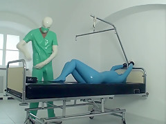 Sexy Girl Full Encased In Blue Latex Catsuit + Condom Mask And Hard Fucked