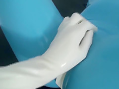 Sexy Girl Full Encased In Blue Latex Catsuit + Condom Mask And Hard Fucked