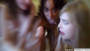 Shae Spreadz And Maya Kendrick - Three Sloppy Blowjob Girls Suck One Lucky Guy 6 Min