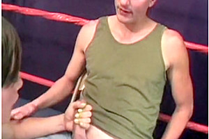 Shemale Allenina fucking with guy without condom in a boxing ring