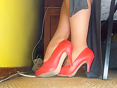 Shoeplay And Nylon Feet In Sexy Red Heels