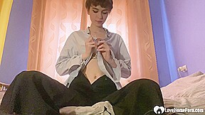 Short haired brunette girl gets excited ended with pussy fingering